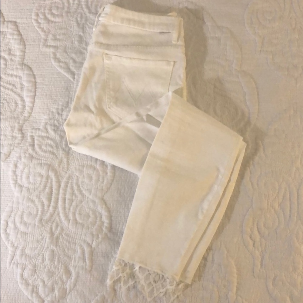 Mother Denim White Skinny Jeans with Lace Detail